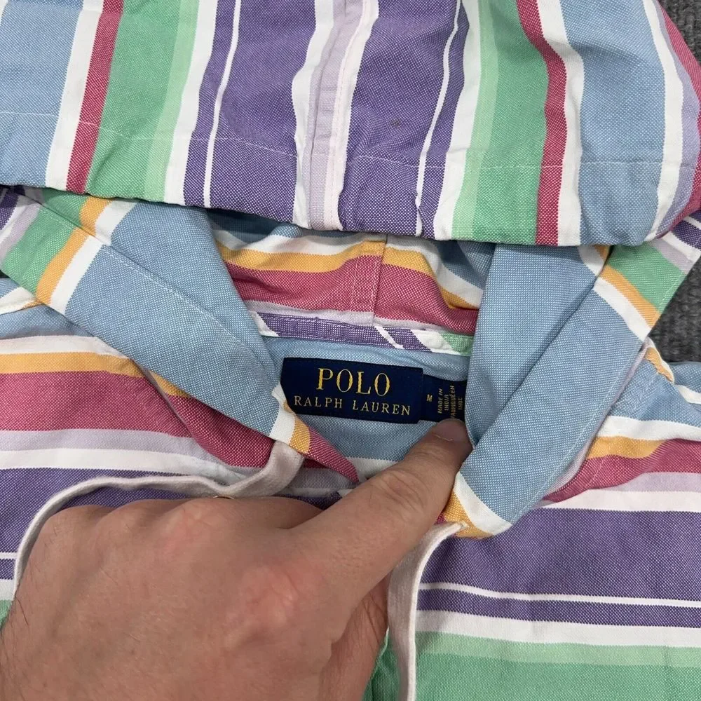 Polo Ralph Lauren Hoodie Mens M Striped‎ Pastel Flesh Pony Pullover Shirt Anorak